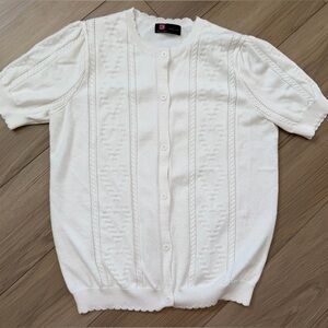 Kancy Kole Long Sleeve White Button-Up Cardigan Scalloped Edge Heart Stitch L